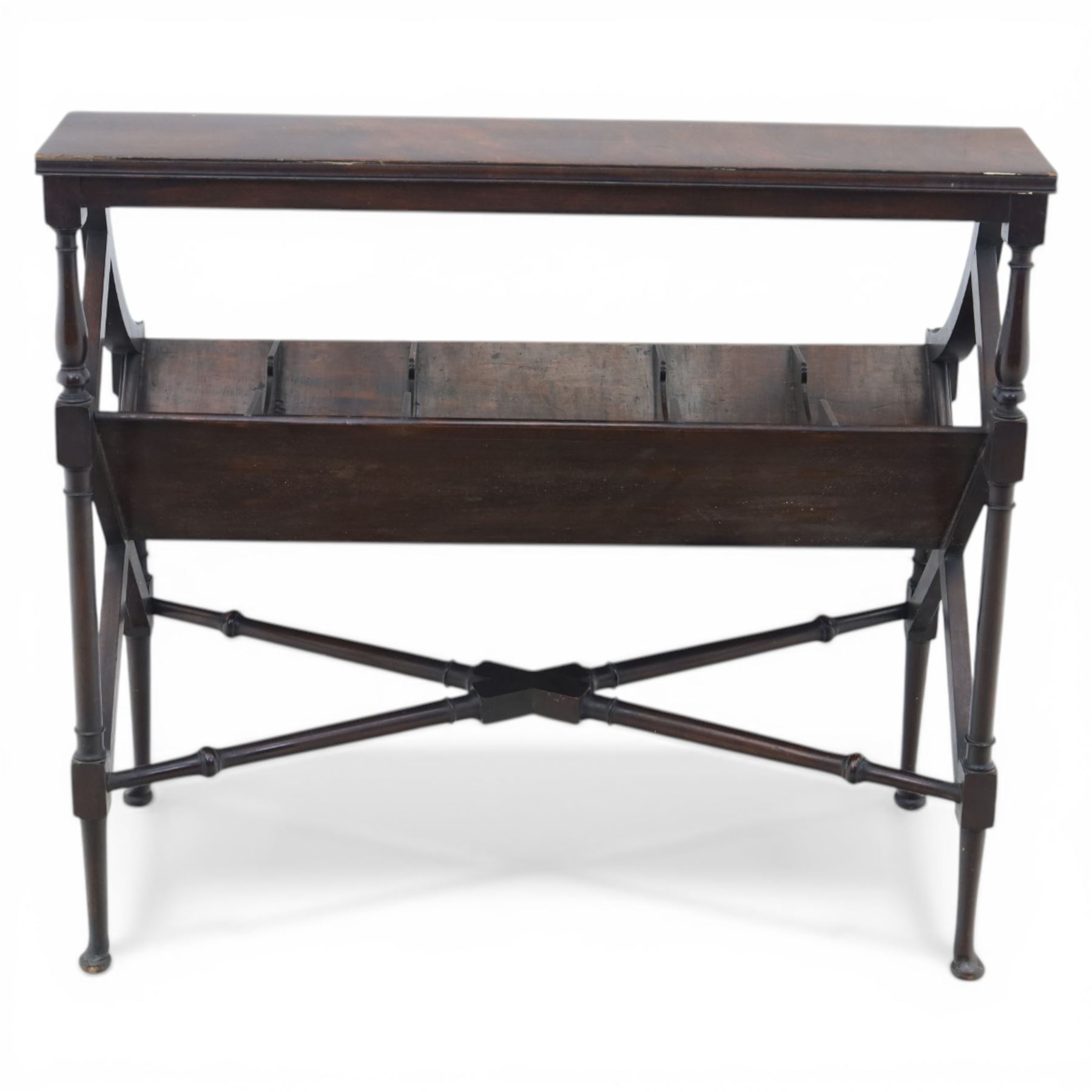 Early 20th century mahogany bookstand, rectangular top over sloped book trough with four divisions, on turned supports with X-shaped stretcher base