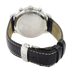 Tissot Traditional gentleman's stainless steel chronograph quartz wristwatch, Ref. T063617A, black dial with dagger hour markers and date aperture, on black leather strap with stainless steel fold-over clasp, boxed with warranty card dated 2016