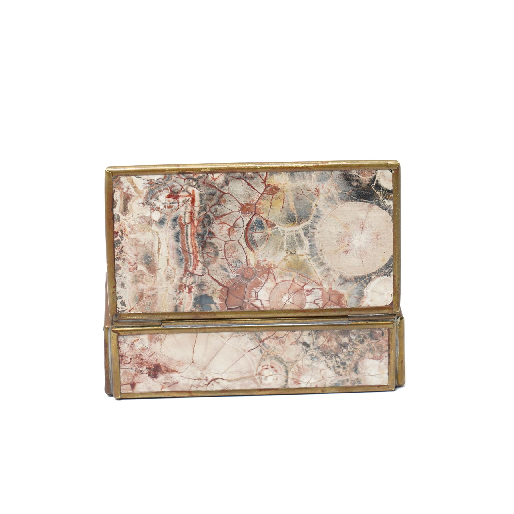 Vintage brass bound stone trinket box, with pink, grey and deep red banding, possibly rhodochrosite, with mirror to interior, L9cm x W5cm