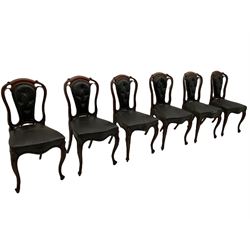 Set of six Victorian walnut dining chairs, leather upholstered seats and backs, scrolled carved cabriole supports