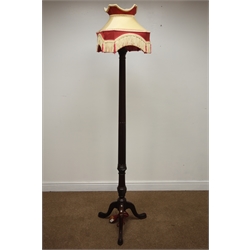 Pair of Hepplewhite style mahogany standard lamps, fringed square shades on stop fluted and vase turned column with three cabriole legs, H190cm, max (2)   