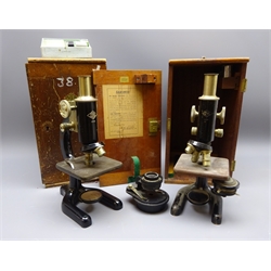  Prior black Japanned microscope No.17372 and another No.11059 both with rack and pinion coarse and fine adjust on horseshoe bases in fitted cases, with a box of Chance slides and a stage with Ross 11/4in macro projection lens No.229068, qty  