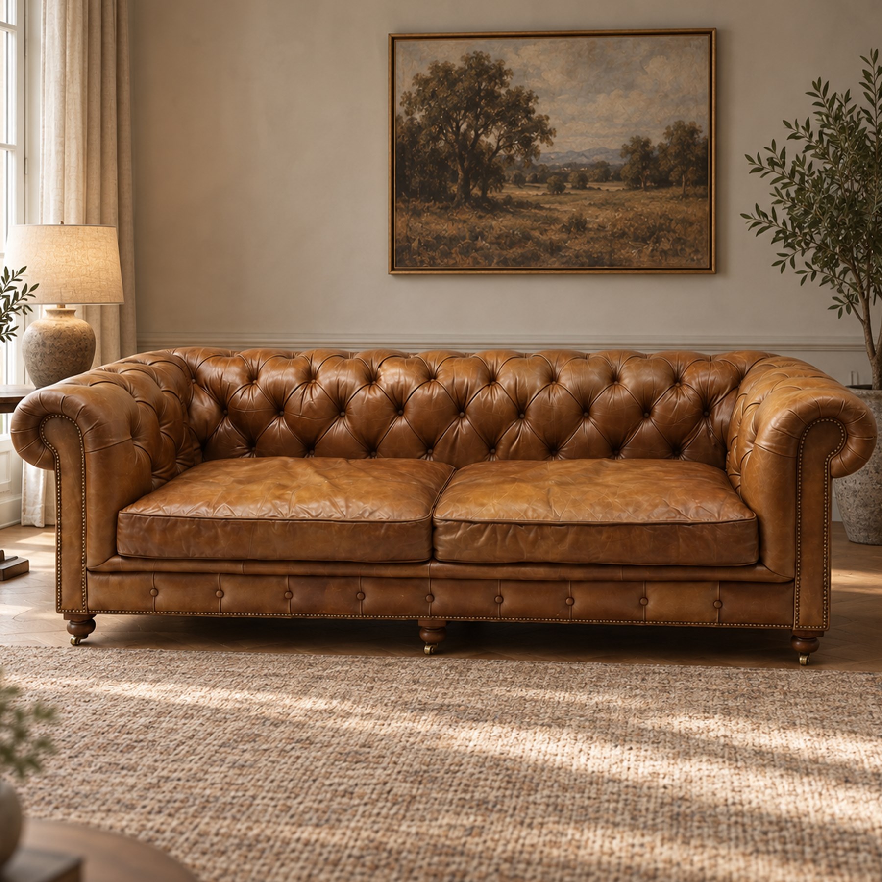 Timothy Oulton for HALO - Three seater brown leather chesterfield sofa, with button back and arms, with two loose cushions, raised on a dark stained supports terminating in castors 