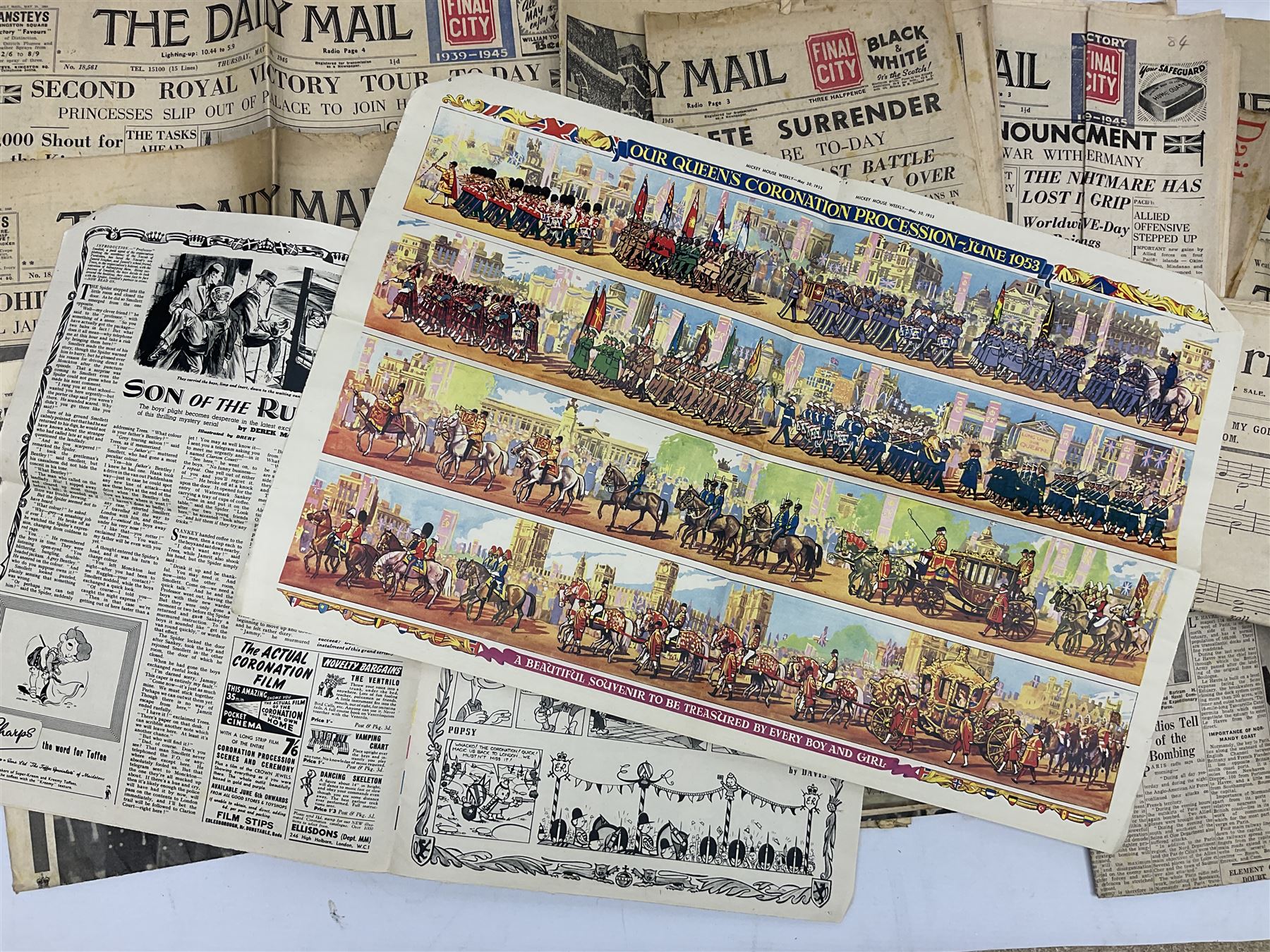 Collection of newspapers and cuttings to include first and second World War examples, Walt Disney Mickey Mouse Weekly Souvenir Coronation issue comic, dated May 30 1953 and other Coronation related news leaves