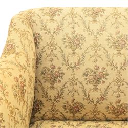 George II mahogany framed settee, beige foliate upholstery with padded sides, downswept arms with sprung seat and back, raised on six turned supports