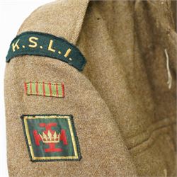Kings Shropshire Light Infantry 1949 pattern tunic with Croix de Guerre flash and a Rifle Officer's mess tunic and waistcoat with green facings (2)