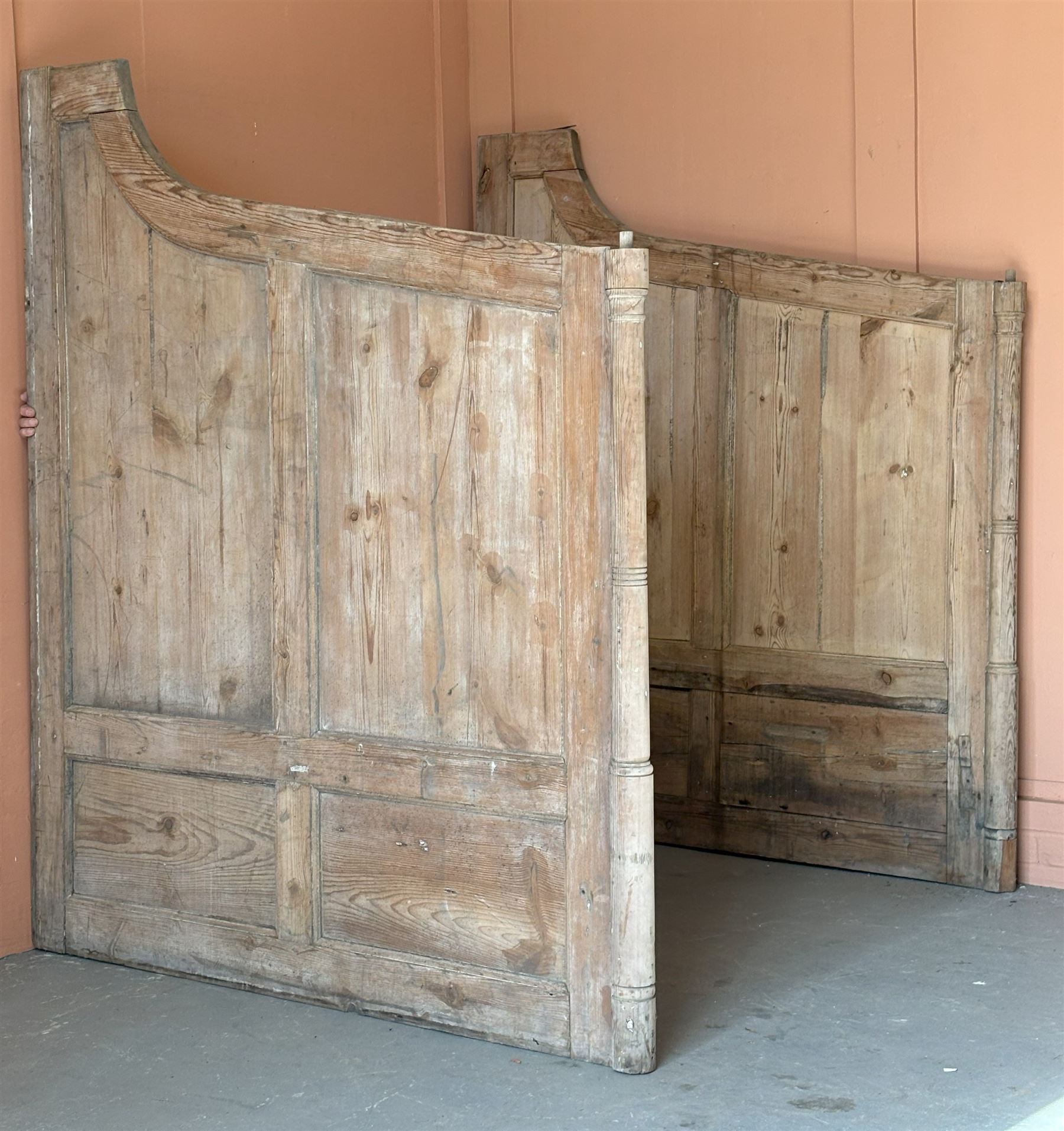 Pair of 19th century pine divider panels with ring turned mouldings H182cm x 155cm together with a similar panel. (3) - COLLECTION BY APPOINTMENT FROM: The White House, Thirsk Road, Easingwold, York, YO61 3NF - CALL 01723 507111 TO ARRANGE