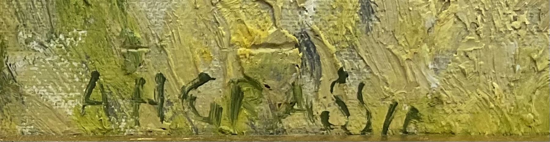 Adam H Grassie (Scottish 20th century): 'Red Roofs Fife', oil on board signed, titled verso with artist's address '90 Sandy Road Renfrew' 28cm x 39cm