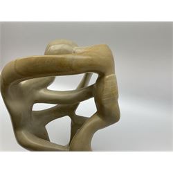 Contemporary soapstone abstract sculpture of two people, H35cm