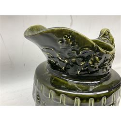 Three jardinières comprising West German Gerz example decorated in relief, Doulton Slaters example with frilled everted rim and a majolica example, and a further two Arthur Wood majolica jugs (5)