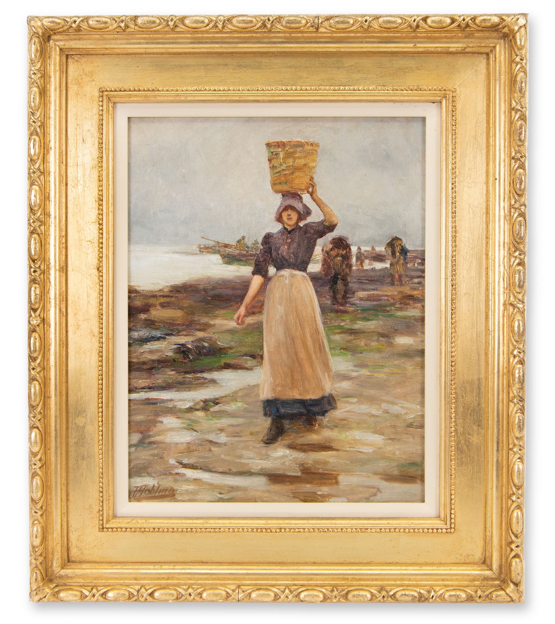 Robert Jobling (Staithes Group 1841-1923): A Staithes Fishergirl, oil on canvas signed 44cm x 34cm
Provenance: purchased from Simon Wood, Brockfield Hall, York