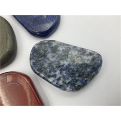 Fifteen mineral specimens, each cut and polished to highlight natural formations, including lapis lazuli, rose quartz, green aventurine, jasper, black obsidian etc, L4cm