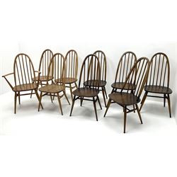 Set of nine (8+1) Ercol beech and elm high hoop spindle back dining chairs, turned supports  