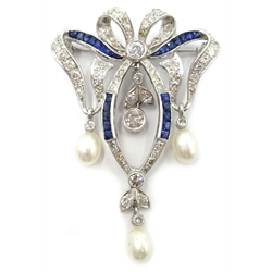  Diamond, sapphire and pearl white gold bow brooch, stamped 18K  