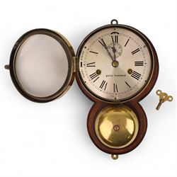 Seth Thomas U.S.A. Ships clock, circa1890, silvered dial with Roman numerals, steel spade hands and subsidiary seconds dial, with a circular alloy drum case mounted on a wooden plaque