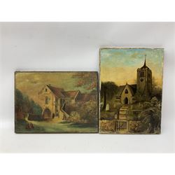 J M Oldroyd (British 19th century): Church with Figure, oil on canvas signed and dated 1894; Michael Langdale (British 20th century): 'Morvah Church', oil on canvas signed and dated '92 together with another 19th century oil of a similar subject and three further pictures of churches max 28cm x 38cm (6)