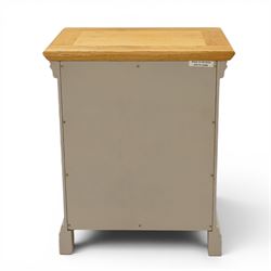 Modern bedroom suite comprising; a dresser, blanket box, bedside table, oak tops over a pale blue with wooden turned knobs

Dresser (H 77cm, D 48cm, W 107cm)
Blanket box (H 51cm, D 48cm W 91cm)
Bedside table (H 64cm, D 39cm, W 54cm)