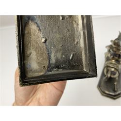 Two figures of Napoleon on horseback, one example standing on octagonal bases marked 'G R France' indistinctly signed, the other on a rectangular base, H19cm 