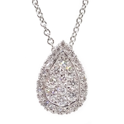  18ct white gold ear shape diamond cluster pendant necklace, stamped 750, diamonds approx 0.4 carat   