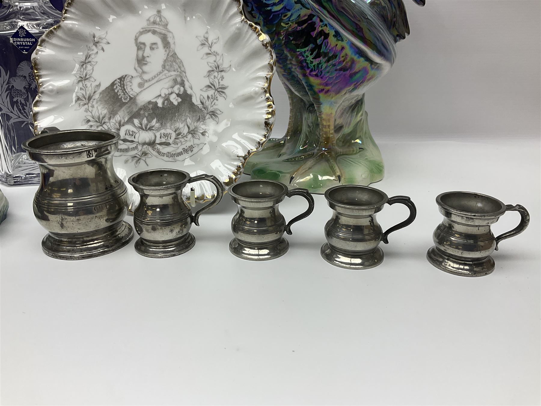Nao figure of a lady '1042', commemorative Queen Victoria plate, pewter measures, Edinburgh crystal decanter with thistle decoration, Wood and Sons limited edition figure commemorating 150 years of the R.N.L.I numbered 321 of 5000 and a cockerel figure