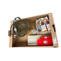 Brass jam pan, together with collection of silver plate and other collectables, in two boxes 