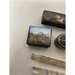 Two 19th century glass tear catcher lachrymatory bottles, together with a Japanese lacquered box and two similar, a trinket box with ceramic cover and a small pewter figure of Confucius