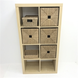 Ash eight cube storage box unit with  six wicker storage units, W79cm, H150cm, D40cm