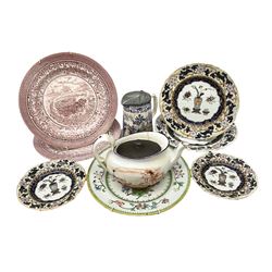 Four mid 19th century Mason's Ironstone plates decorated in the Chinese Antiquities pattern, the central circular panel decorated with footed vase with stylised motifs within a floral border, with gilt detail, pattern no. 1438, largest D26cm, together with Royal Worcester plate with floral decoration within green borders, blue and white tankard with pewter lid and teapot, teapot

