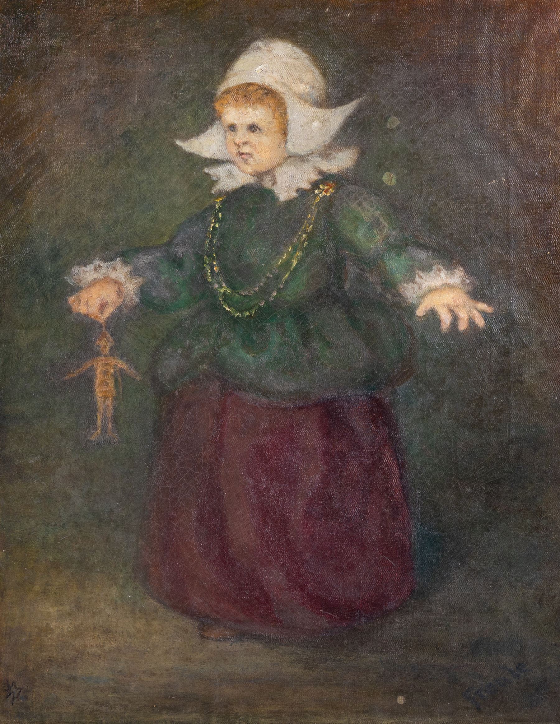 German School (Early 20th Century): Portrait of a Girl Holding a Doll, oil on canvas indistinctly signed Freule?, 50cm x 39cm 