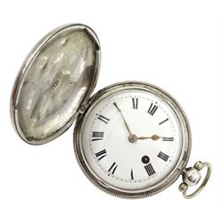 19th century silver full hunter verge fusee pocket watch by George Martin, London, No. 6756, round pillars, pierced and engraved balance cock decorated with a mask, white enamel dial with Roman numerals, case makers mark J A T, London 1830