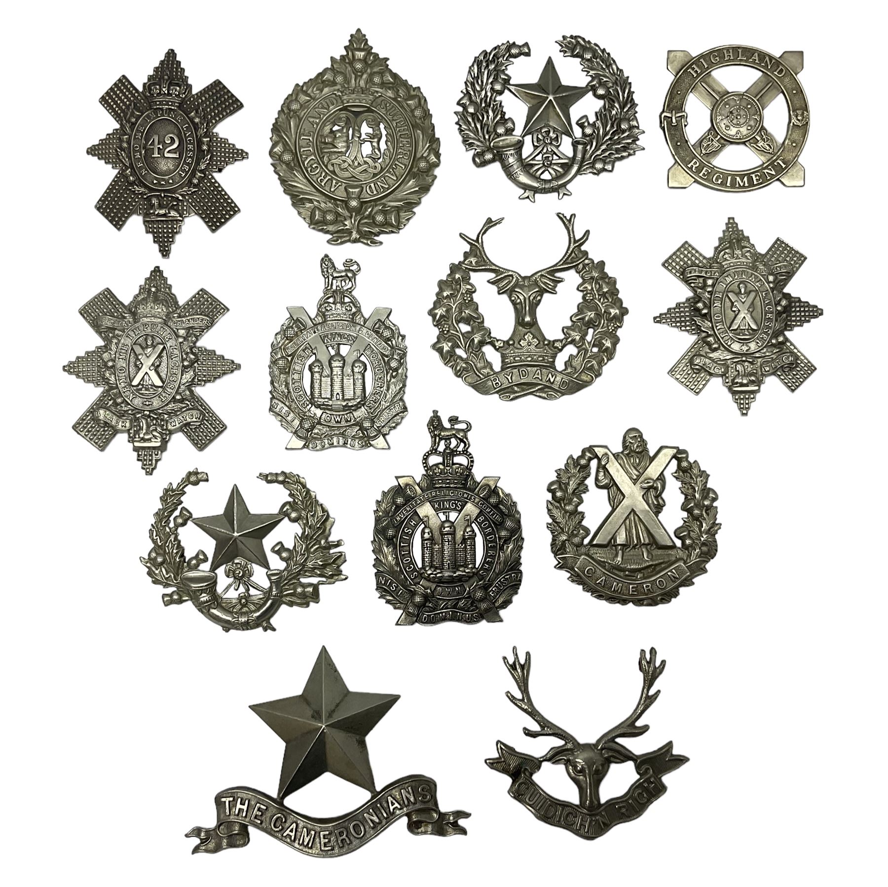 Thirteen Scottish metal Glengarry badges including Black Watch, Highland Regiment, Cameronians, Argyll & Sutherland, Seaforth Highlanders, Kings Scottish Own Borderers etc