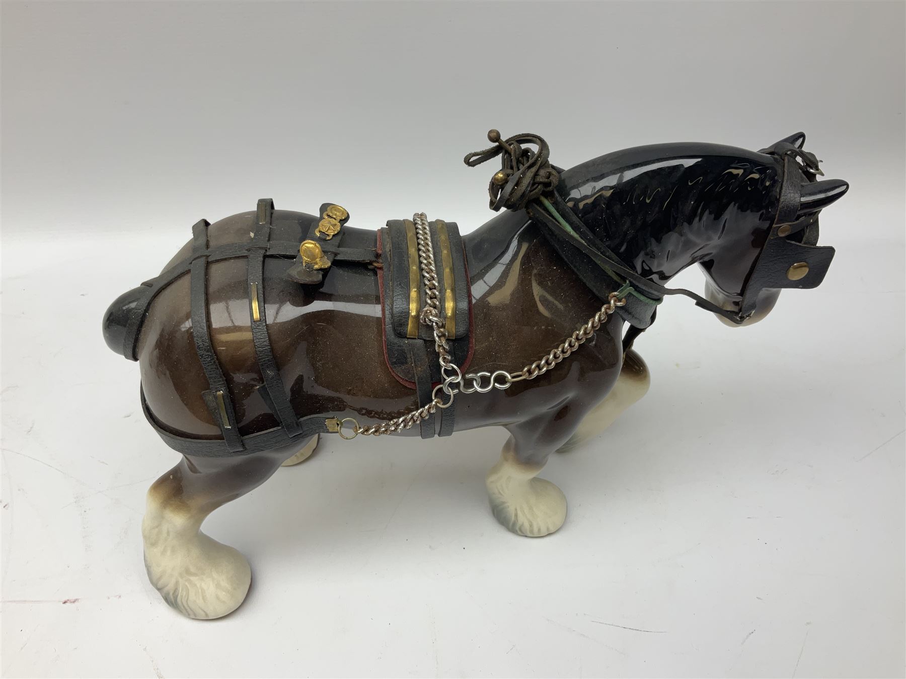 Four Melba Ware Shire horse figures and another similar, and three wood carts