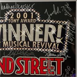 42nd Street Broadway theatre poster, circa 2001-2005, advertising the Tony Award Winning Broadway revival at the Ford Centre, New York, bearing multiple cast signatures in silver marker, framed, H55cm