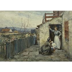 Albert George Stevens (Staithes Group 1863-1925): Gossiping at the Cottage Doorway, watercolour signed 25cm x 36cm