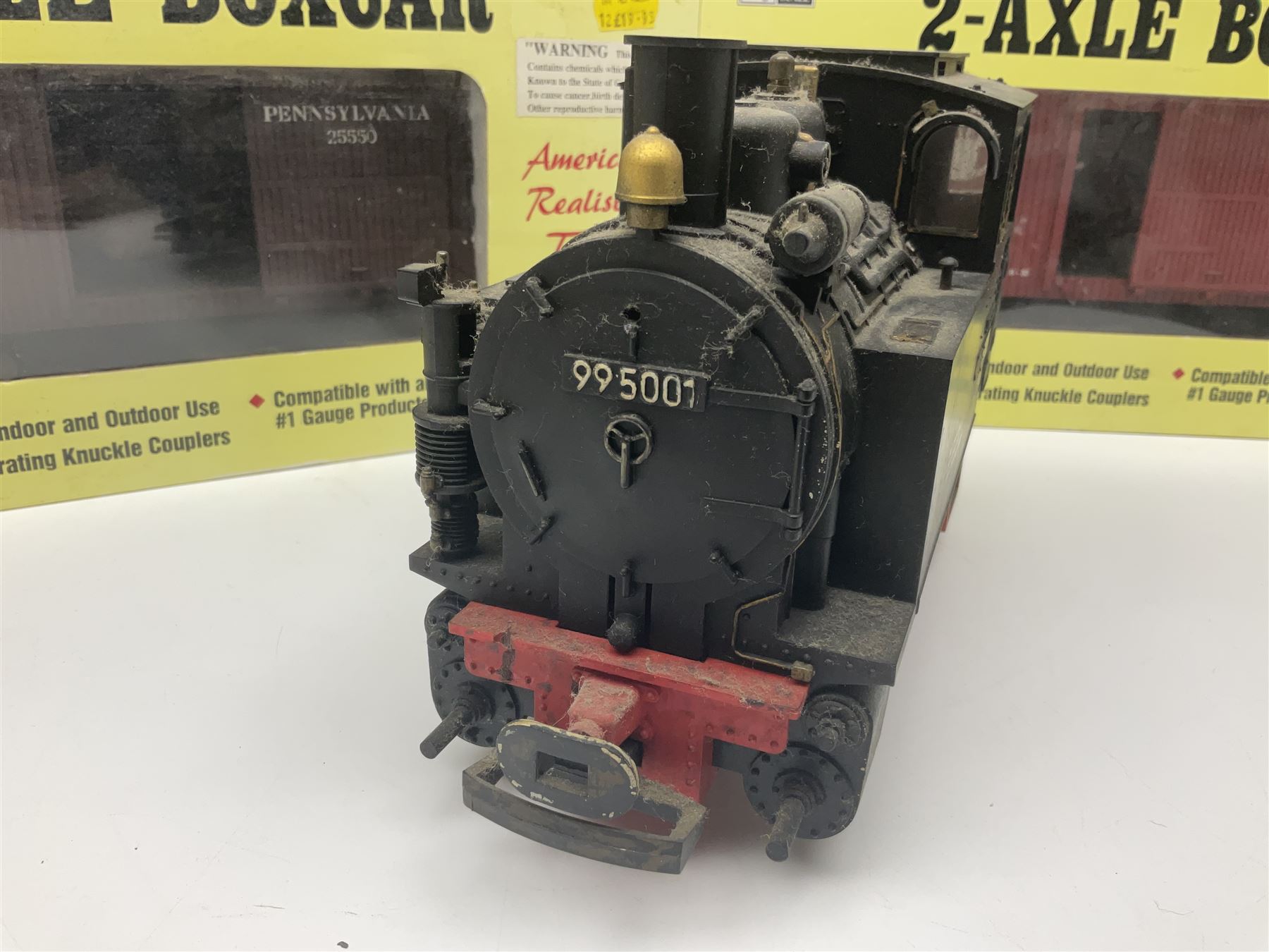 LGB (Lehmann Gross Bahn) G scale, gauge 1 - 0-4-0 tank locomotive No.995001; unboxed; and two American Aristo Craft Trains 2-axle boxcars Santa Fe and Pennsylvania; both boxed (3)