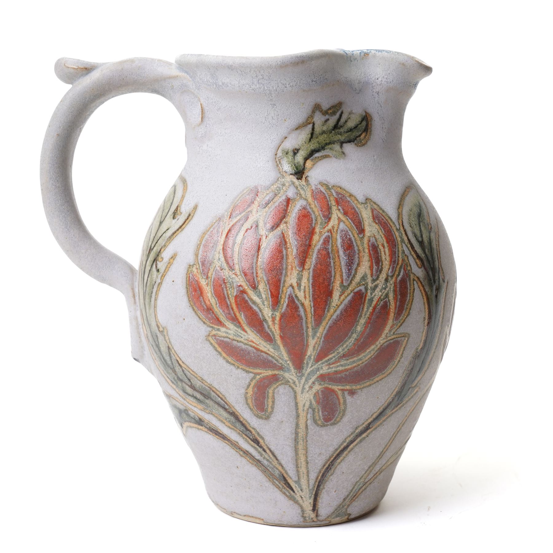 John Egerton (c1945-2024): studio pottery jug, decorated with artichoke on a blue ground, with mark beneath, H22cm 