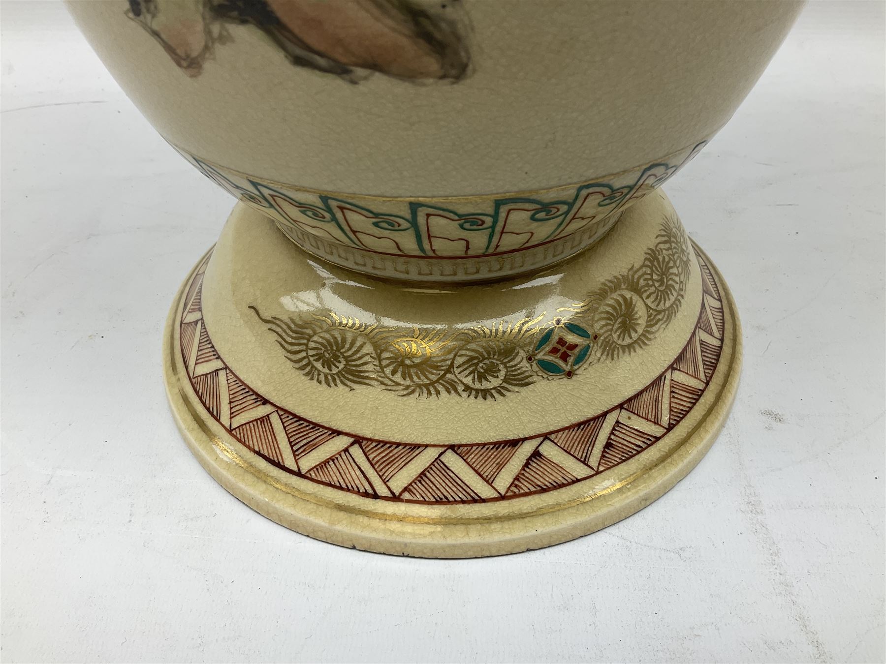 Pair early 20th Century Japanese floor vases of ovoid form, painted with warriors and elders within geometric designs and gilding, H61cm