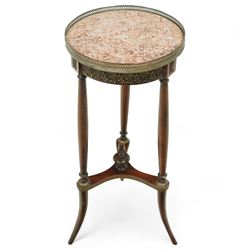 Late 19th century French Empire style mahogany and gilt metal mounted jardinière stand, circular rouge marble top with pierced brass gallery, on three turned supports joined by an undertier stretcher and splayed legs