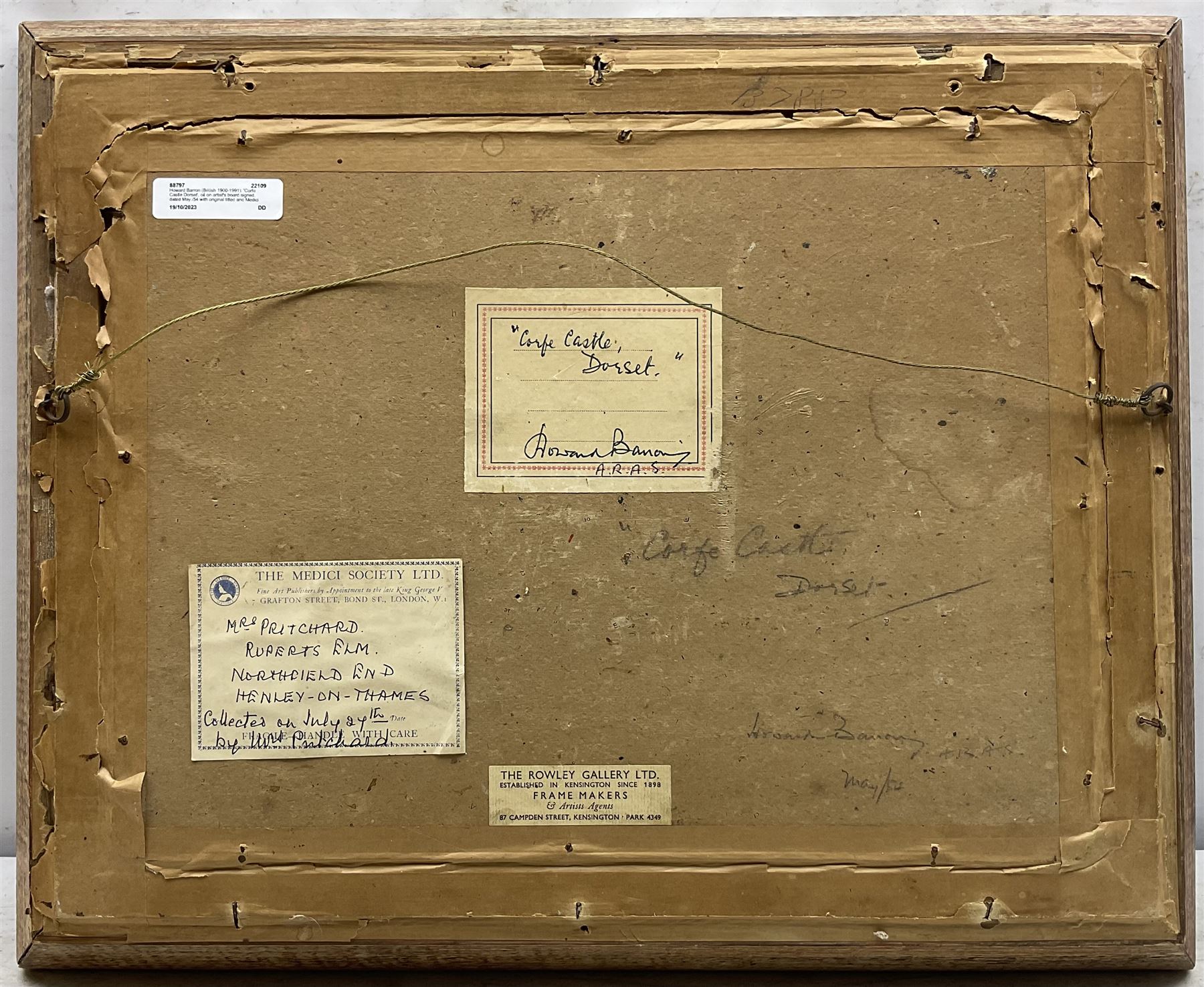 Howard Barron (British 1900-1991): 'Corfe Castle Dorset', oil on artist's board signed, dated May /54 with original titled and Medici Society labels verso 30cm x 40cm