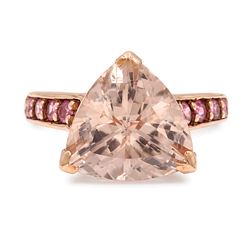 9ct rose gold morganite and tourmaline ring, single trilliant cut morganite of approx 5.35...