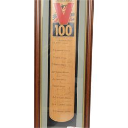 Two signed Slazenger V 100 cricket bats, the first example signed by the 'World's Top 10 Run Makers', with signatures including Graham Gooch, David Gower, Geoffrey Boycott, Gary Sobers and Viv Richards, the second example signed by a number of England's Cricket Captains, including Alec Stewart, Ken Cranston, Bob Willis, Allan Lamb, Mike Atherton and Ian Botham etc, both within glazed wooden display cases, case H99cm