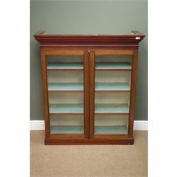  Victorian walnut bookcase, projecting cornice, two glazed doors, four shelves, W102cm, H117cm D36cm  