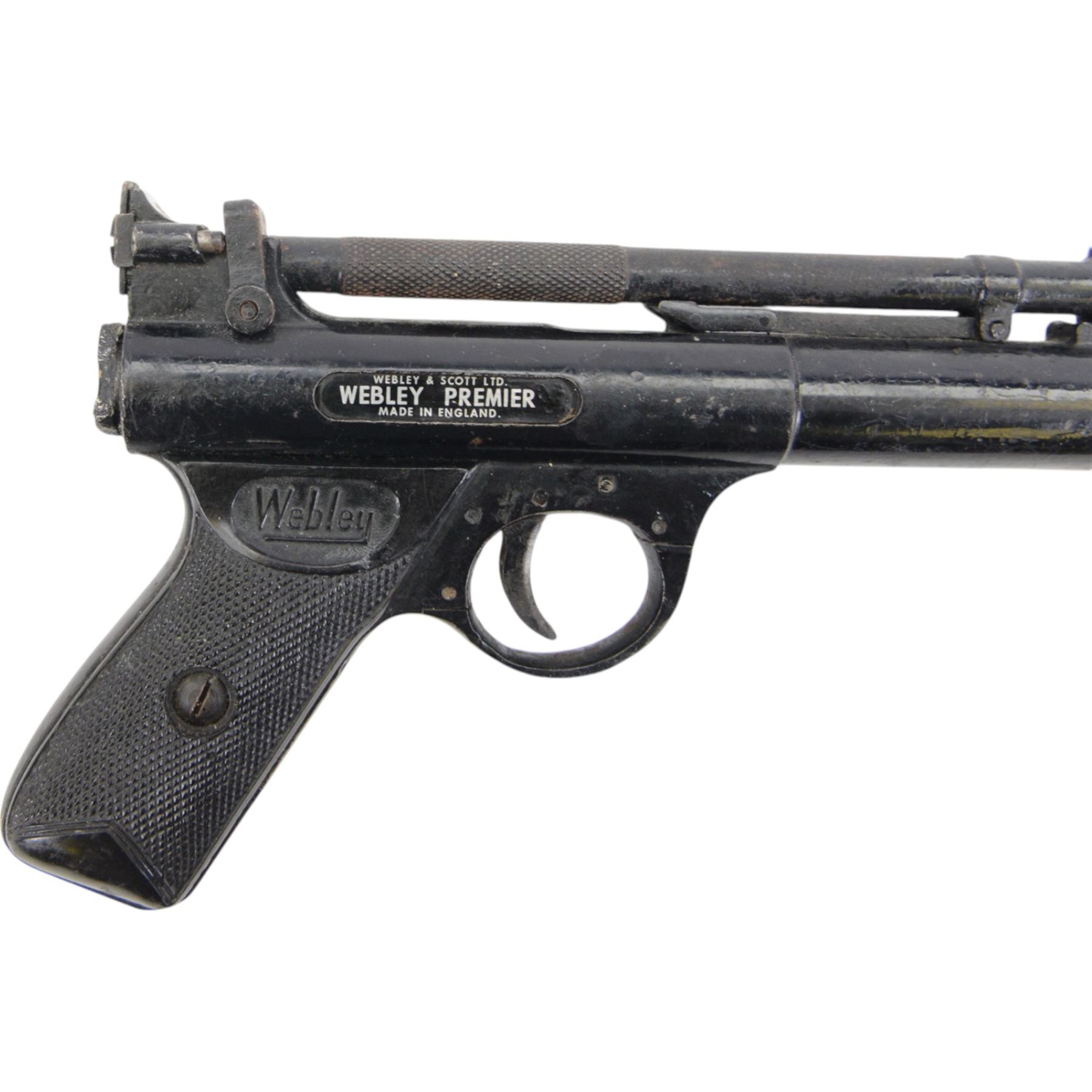 Webley Premier .22 air pistol, batch 947, Series E with 5 pin trigger block, the air chamber marked Webley & Scott Ltd, Webley Premier, Made in England, with checkered grip, H14cm, L19cm