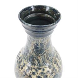 John Egerton (c1945-2024): studio pottery stoneware vase of baluster form, decorated with fish, mermaids and ammonites upon a blue ground, H56cm 