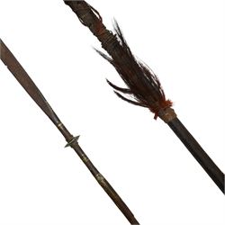 Tuareg tribe steel spear with inlaid brass work and a Northern Indian Naga barbed spear, longest L187cm 