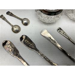 Silver and mother of pearl bookmark, silver mounted cut glass salts with collars by James Deakin, various hallmarked spoons etc, weighable silver 2.45 ozt
