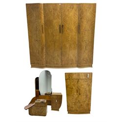 Early to mid-20th century Art Deco style walnut three-piece bedroom suite, triple wardrobe (W184cm, H183cm, D55cm), dressing table (W112cm, H156cm, D102cm), and tallboy (W76cm, H120cm, D53cm)  
