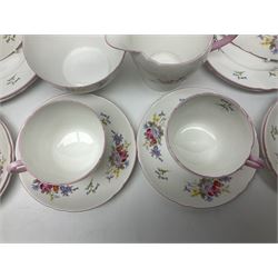 Shelley Wild Flowers pattern tea service for six, comprising cups and saucers, dessert plates, cake plate, milk jug and open sucrier