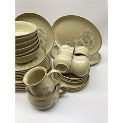 Denby tea and dinner ware decorated in the Daybreak pattern, comprising of tea pot, two jugs, seven cups and six saucers, salt and pepper shakers, four oval platters, six side plates, starter plates, dinner plates and bowls.