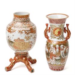 Collection of 19th century Japanese Kutani wares, including two pairs of vases, a twin handled vase painted with elder figures, and one other vase with imitation bamboo feet, painted with birds, largest H23cm (6)
